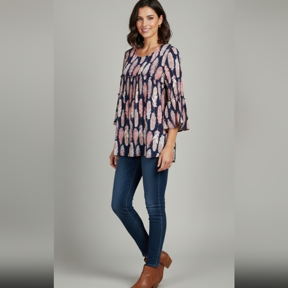 AGNESS & DORA Sway BohoTop Sz‎ M black & Orange Floral Ruffled 3/4 Flare Sleeves
